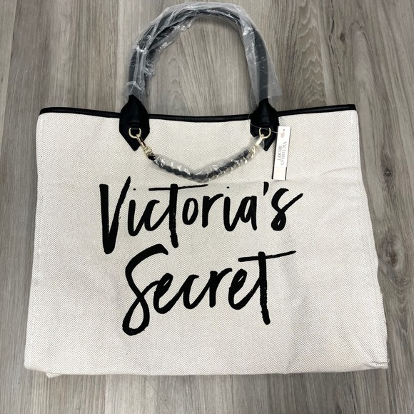 Victoria's Secret Handbags - Victoria's Secret Cream Canvas Logo Tote Bag One Size NWT